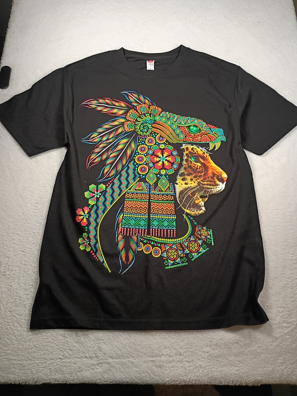 Psychedelic Jaguar Snake Graphic Tee Black Double-Sided Festival Shirt Medium